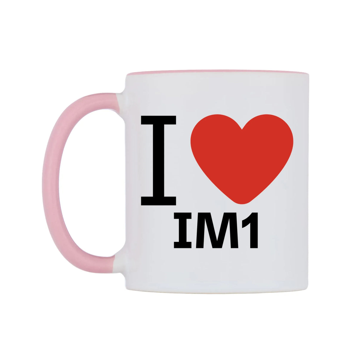 I Love IM1 Mug — white 11oz gloss mug with a pink inside and handle, right side, on a white background
