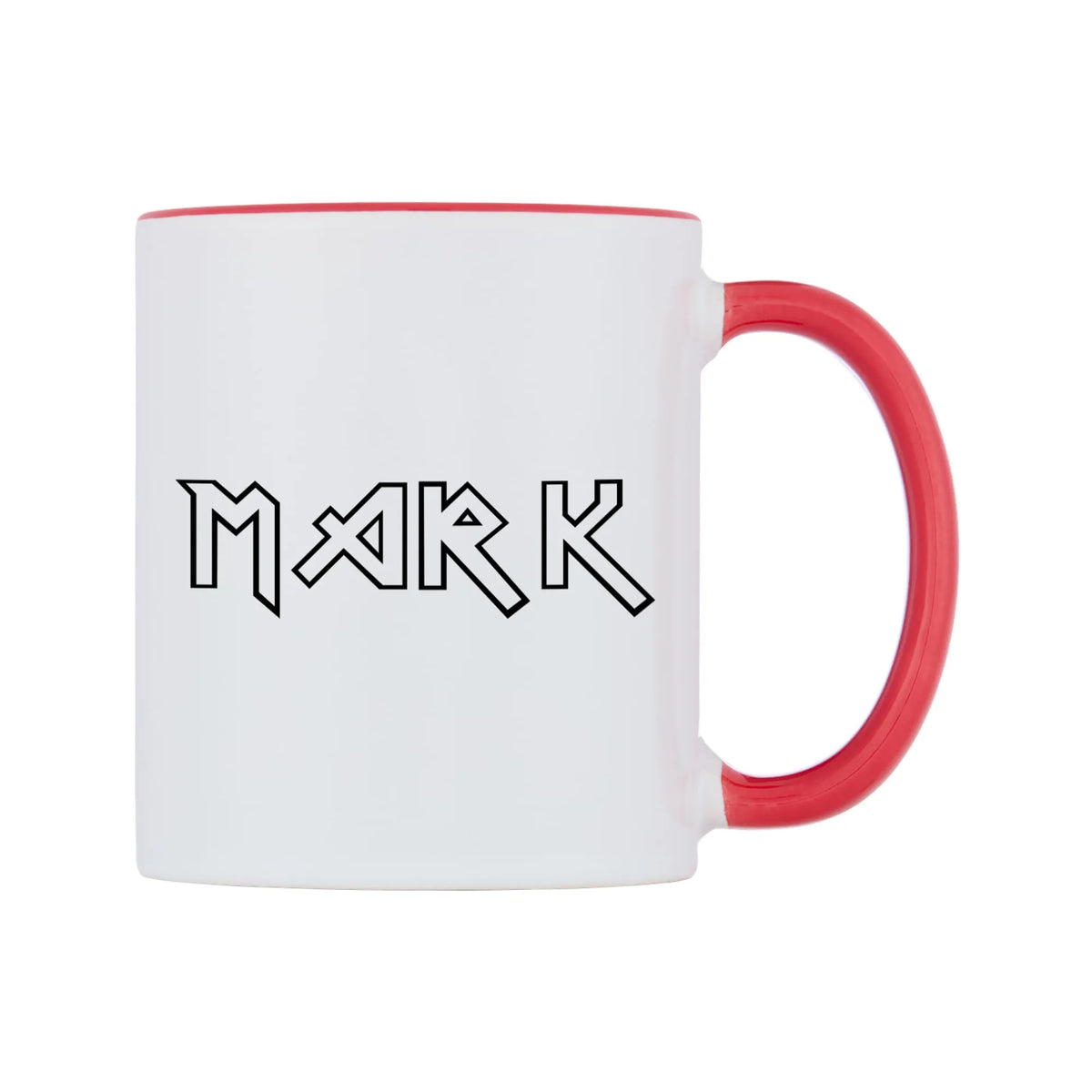 Mark - Iron Maiden Themed Mug — white 11oz gloss mug with a red inside and handle, left side, on a white background
