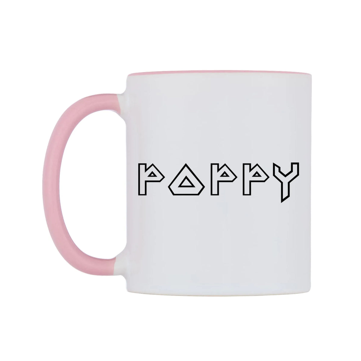 Poppy - Iron Maiden Themed Mug — white 11oz gloss mug with a pink inside and handle, right side, on a white background
