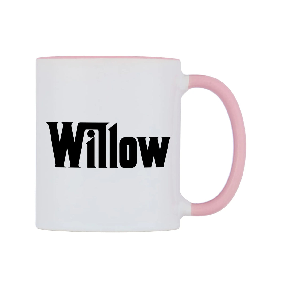 Willow - Godfather Themed Mug — white 11oz gloss mug with a pink inside and handle, left side, on a white background
