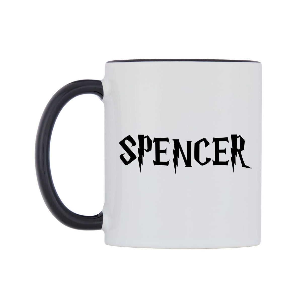 Spencer - Wizard Themed Mug — white 11oz gloss mug with a black inside and handle, right side, on a white background