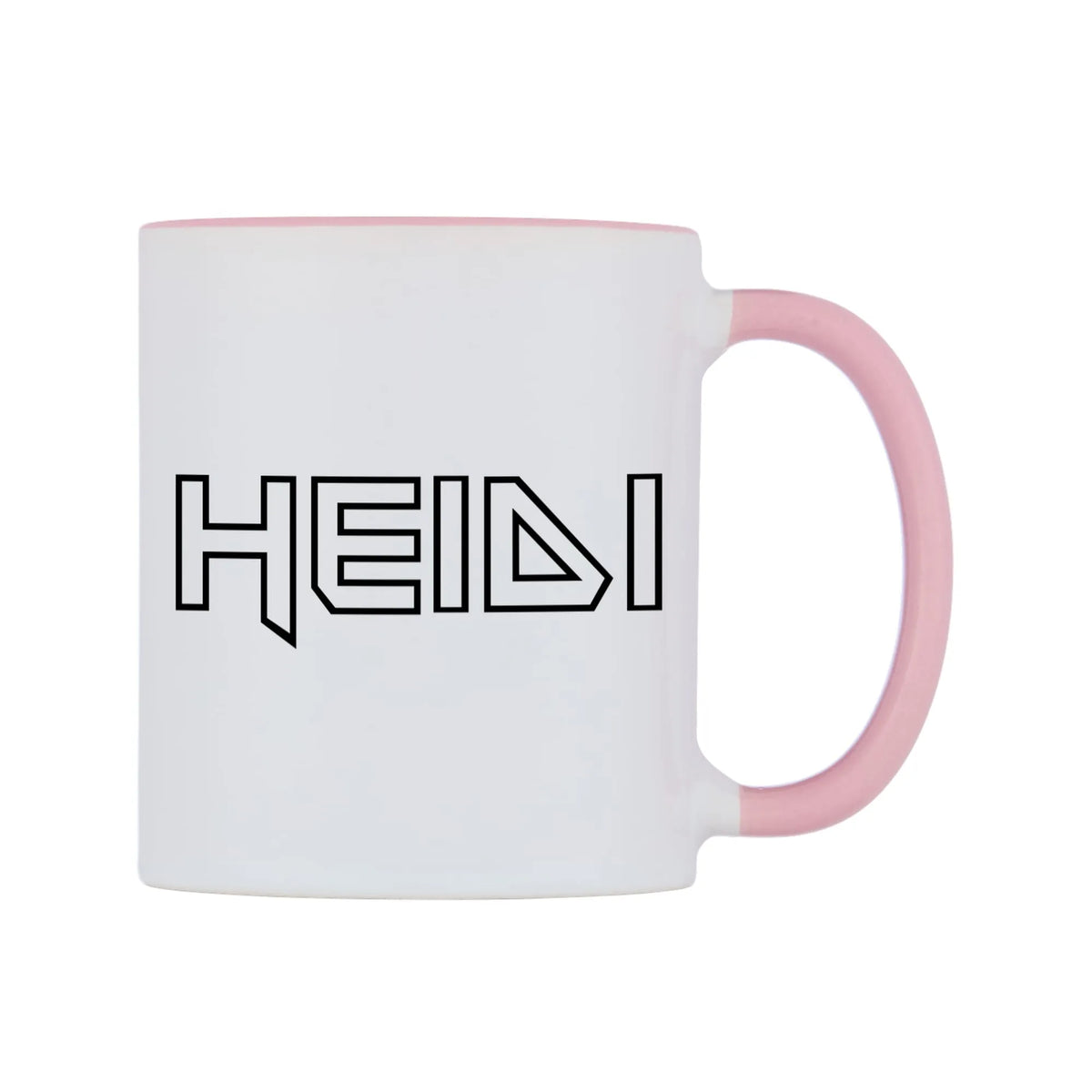 Heidi - Iron Maiden Themed Mug — white 11oz gloss mug with a pink inside and handle, left side, on a white background