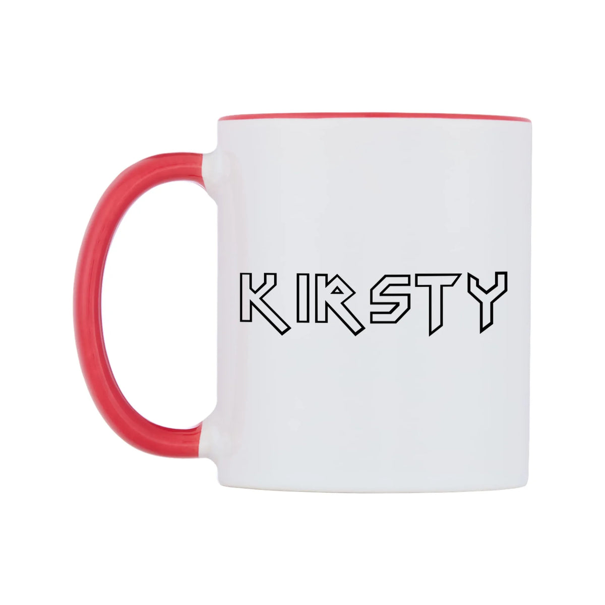 Kirsty - Iron Maiden Themed Mug — white 11oz gloss mug with a red inside and handle, right side, on a white background