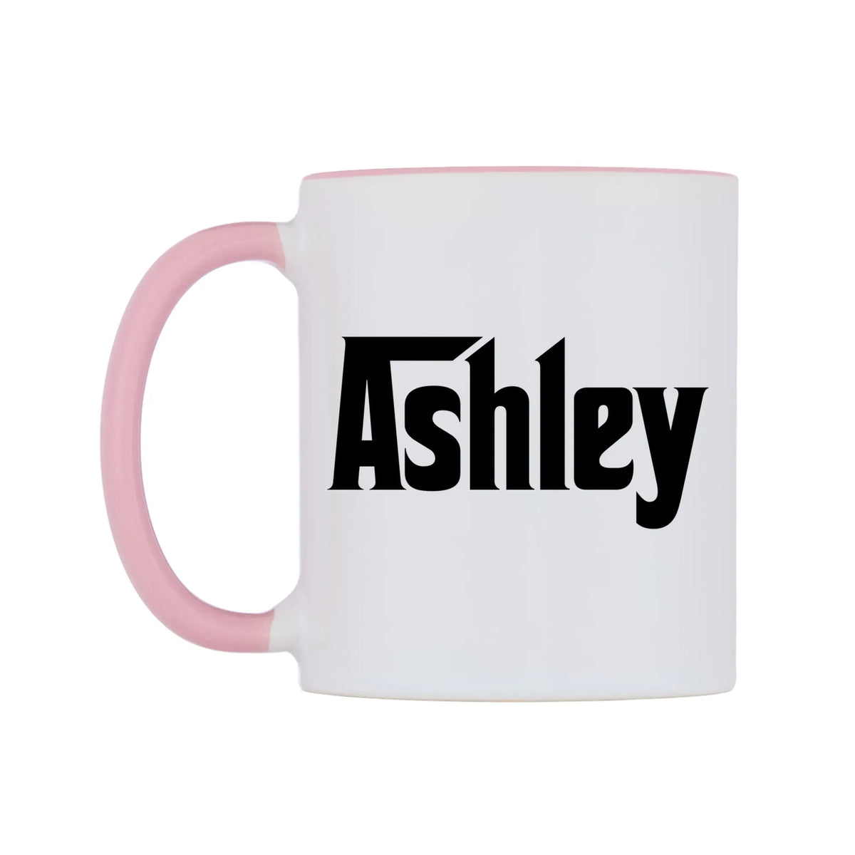 Ashley - Godfather Themed Mug — white 11oz gloss mug with a pink inside and handle, right side, on a white background