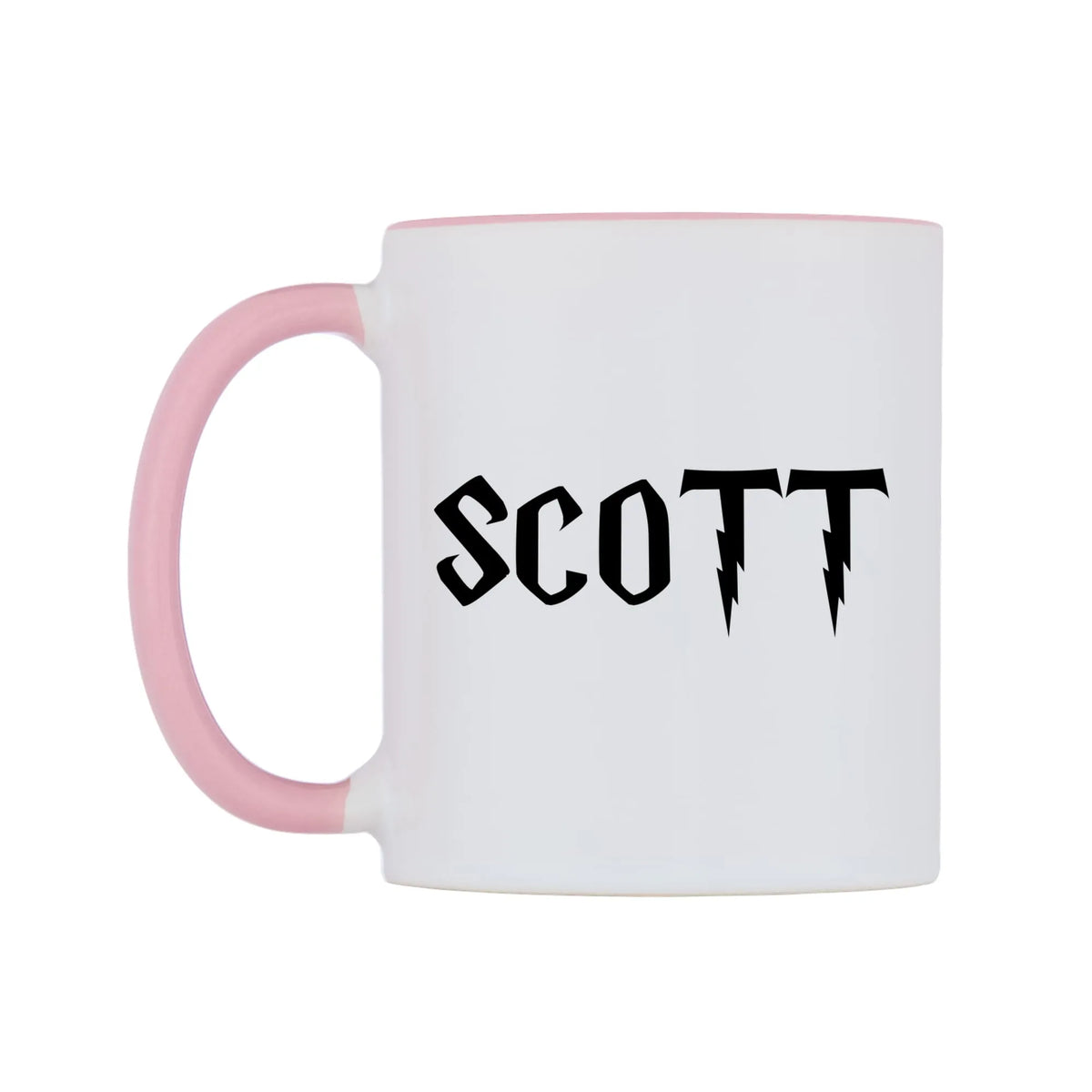 Scott - Wizard Themed Mug — white 11oz gloss mug with a pink inside and handle, right side, on a white background