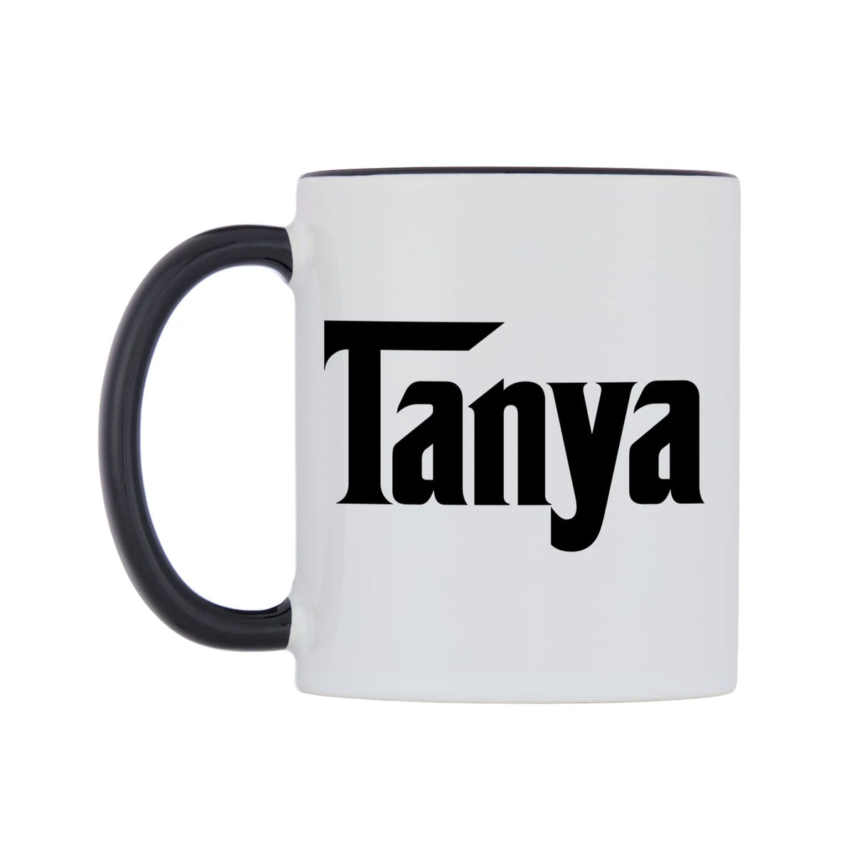 Tanya - Godfather Themed Mug — white 11oz gloss mug with a black inside and handle, right side, on a white background