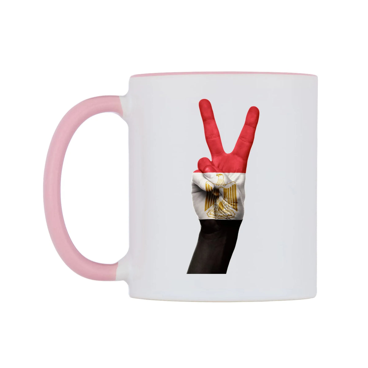 Egypt Two Fingers Flag Mug — white 11oz gloss mug with a pink inside and handle, right side, on a white background