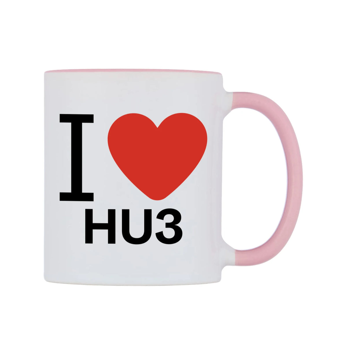I Love HU3 Mug — white 11oz gloss mug with a pink inside and handle, left side, on a white background