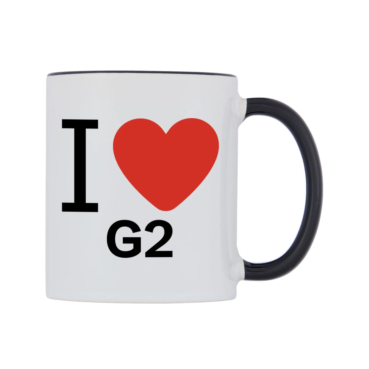 I Love G2 Mug — white 11oz gloss mug with a black inside and handle, left side, on a white background