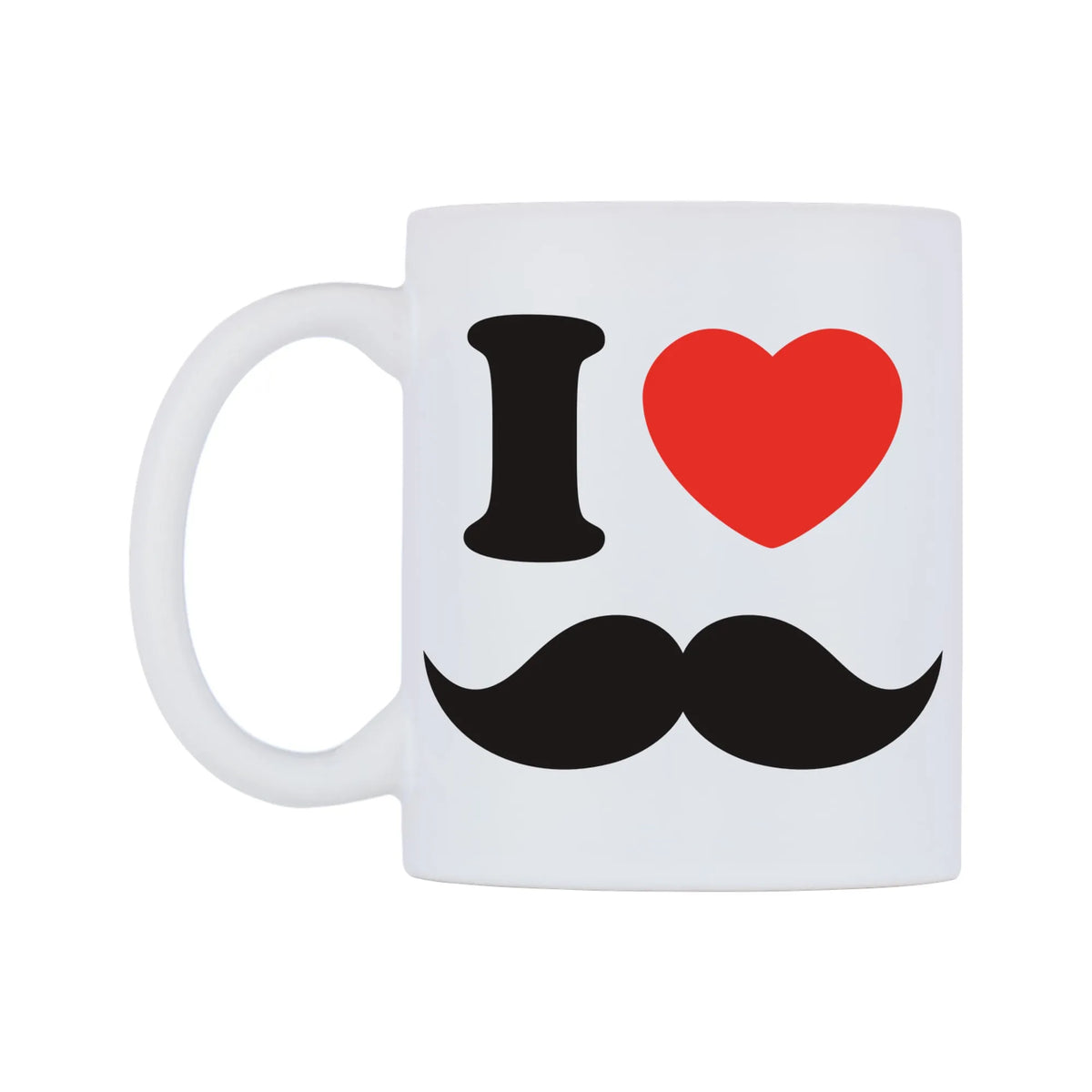 I Love Moustaches Mug — white 11oz gloss mug, right side, on a white background