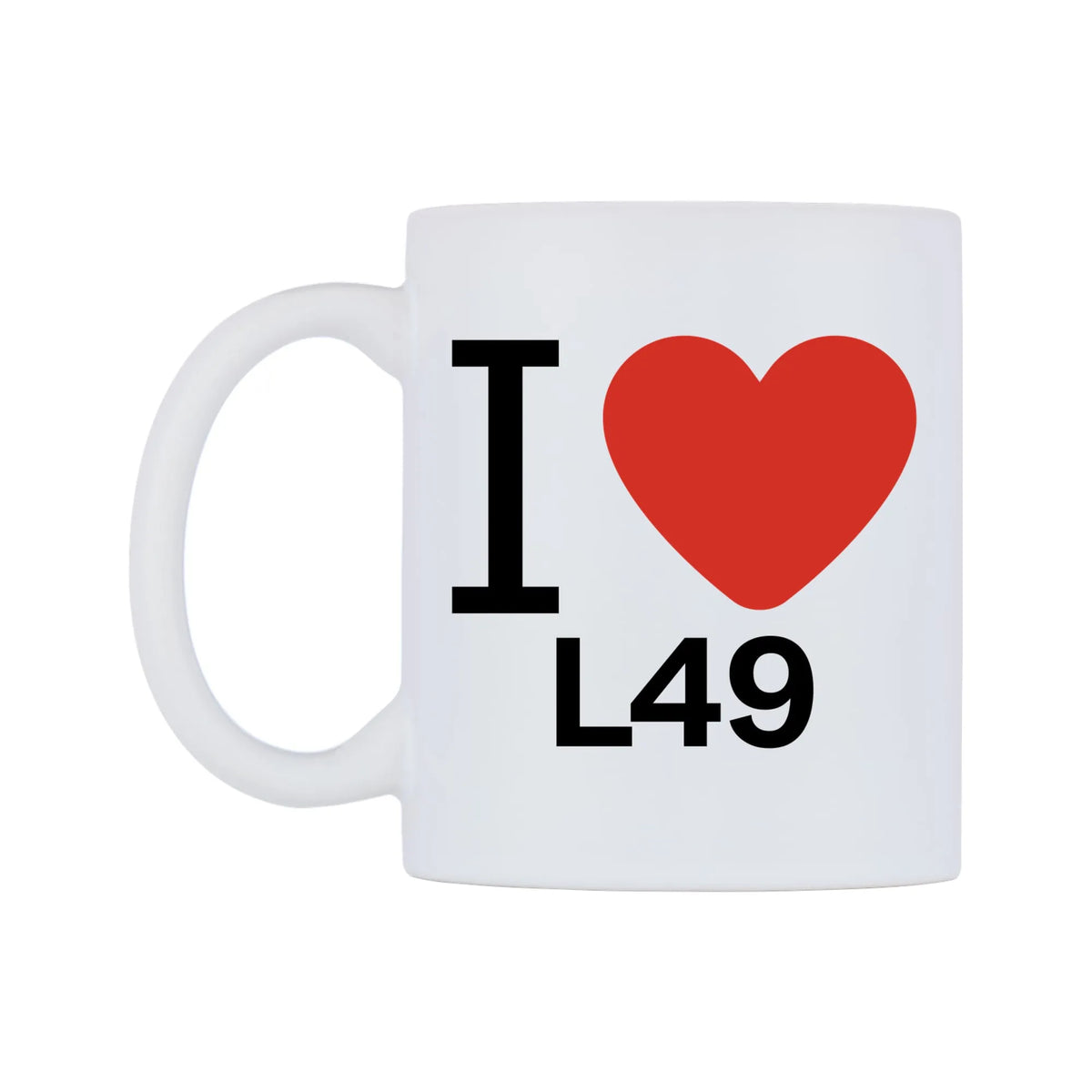 I Love L49 Mug — white 11oz gloss mug, right side, on a white background