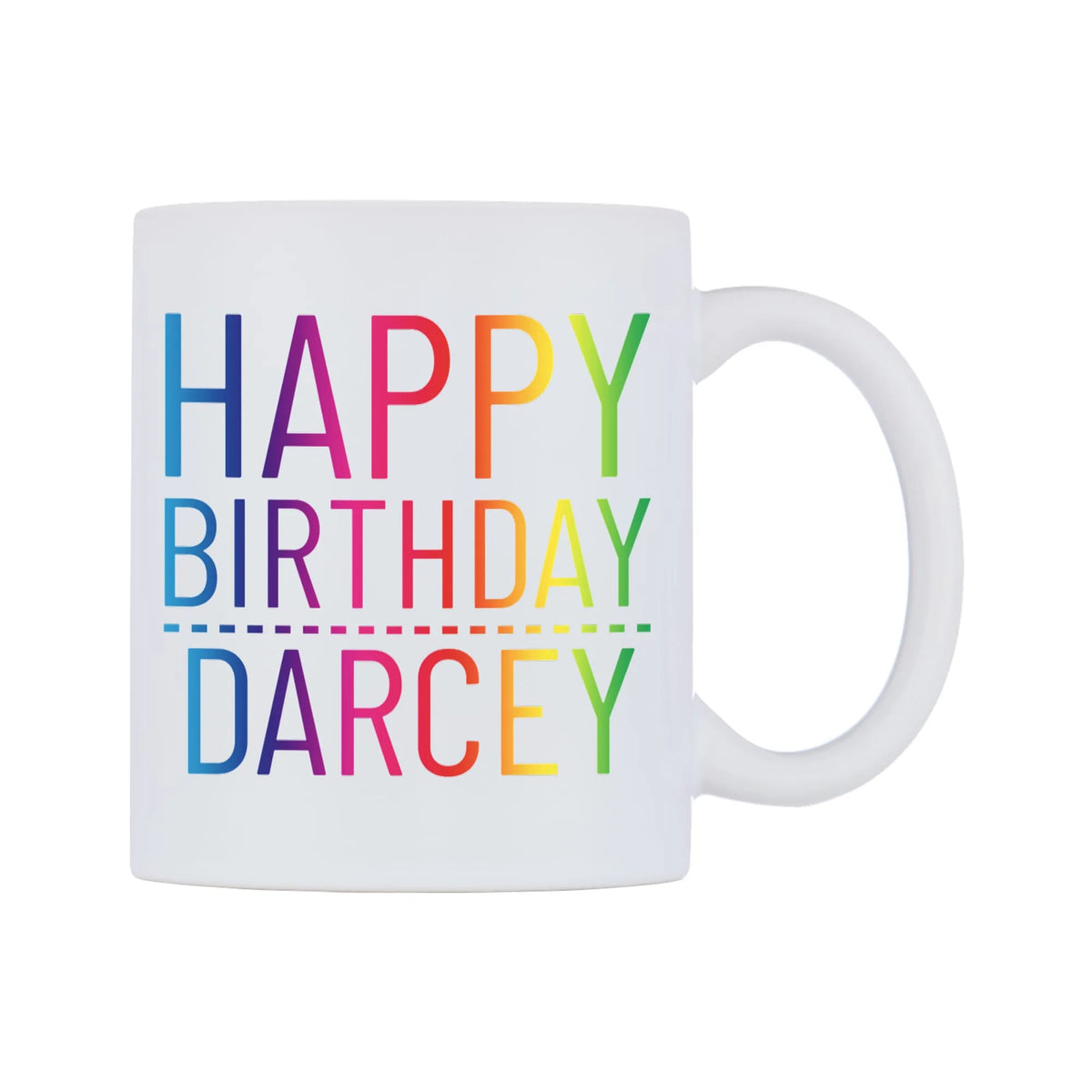 Happy Birthday Darcey (Rainbow) Mug — mug, left side, on a white background