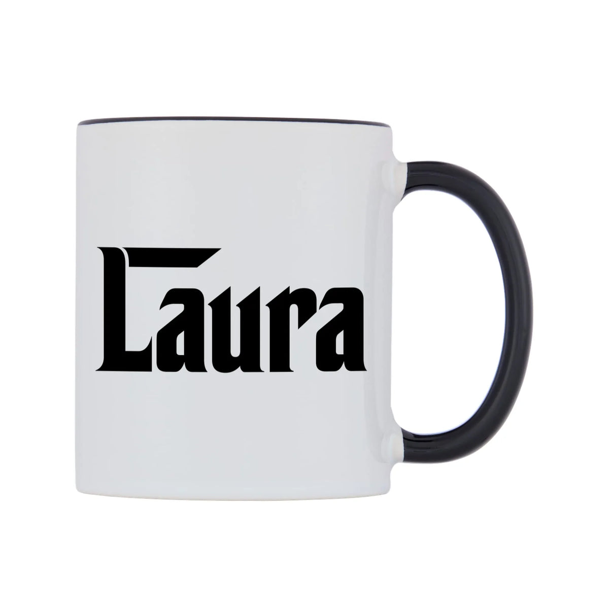 Laura - Godfather Themed Mug — white 11oz gloss mug with a black inside and handle, left side, on a white background
