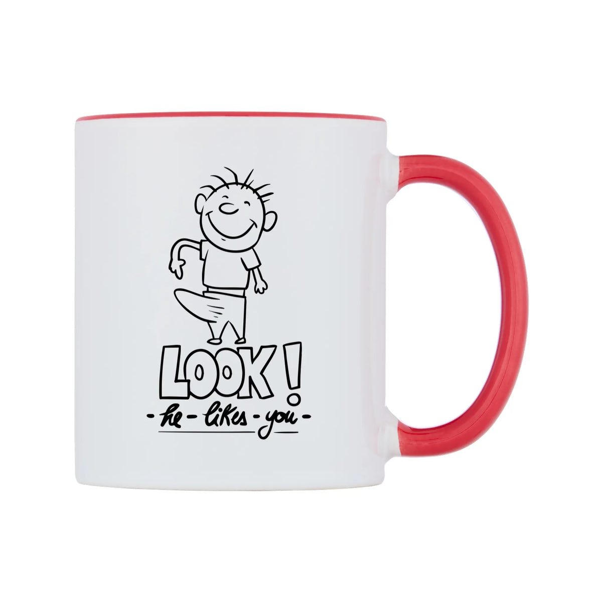 LOOK! - he - likes - you - Mug — white 11oz gloss mug with a red inside and handle, left side, on a white background