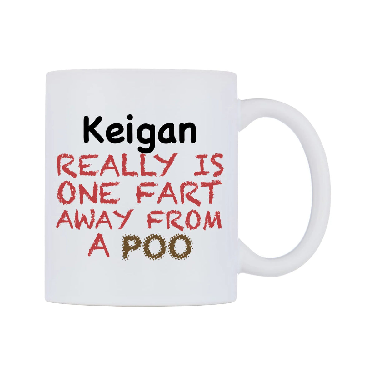 Keigan Really is ONE Fart Away from A Poo Mug — mug, left side, on a white background