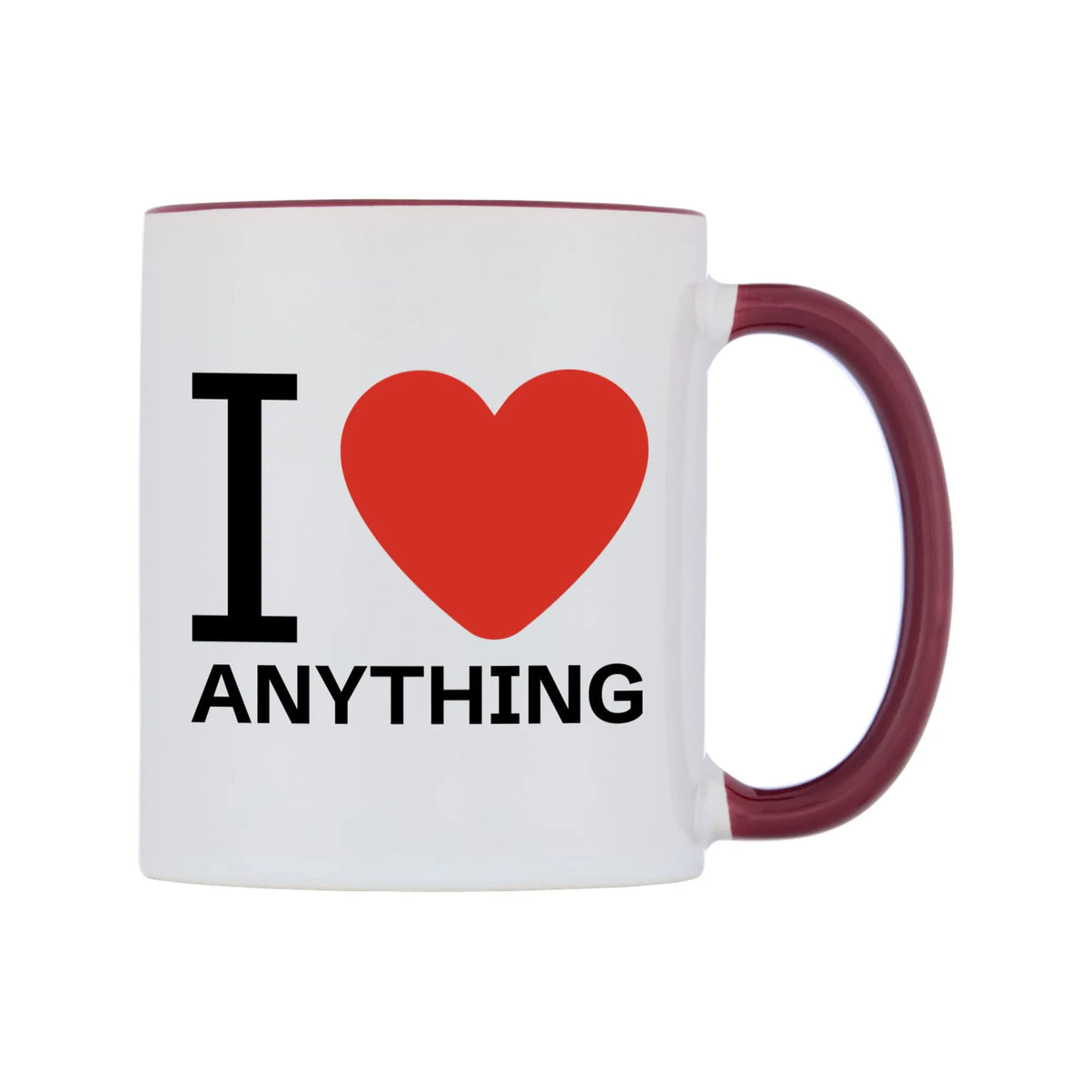 I Love Personalised Mug — white 11oz gloss mug with a maroon inside and handle, left side, on a white background