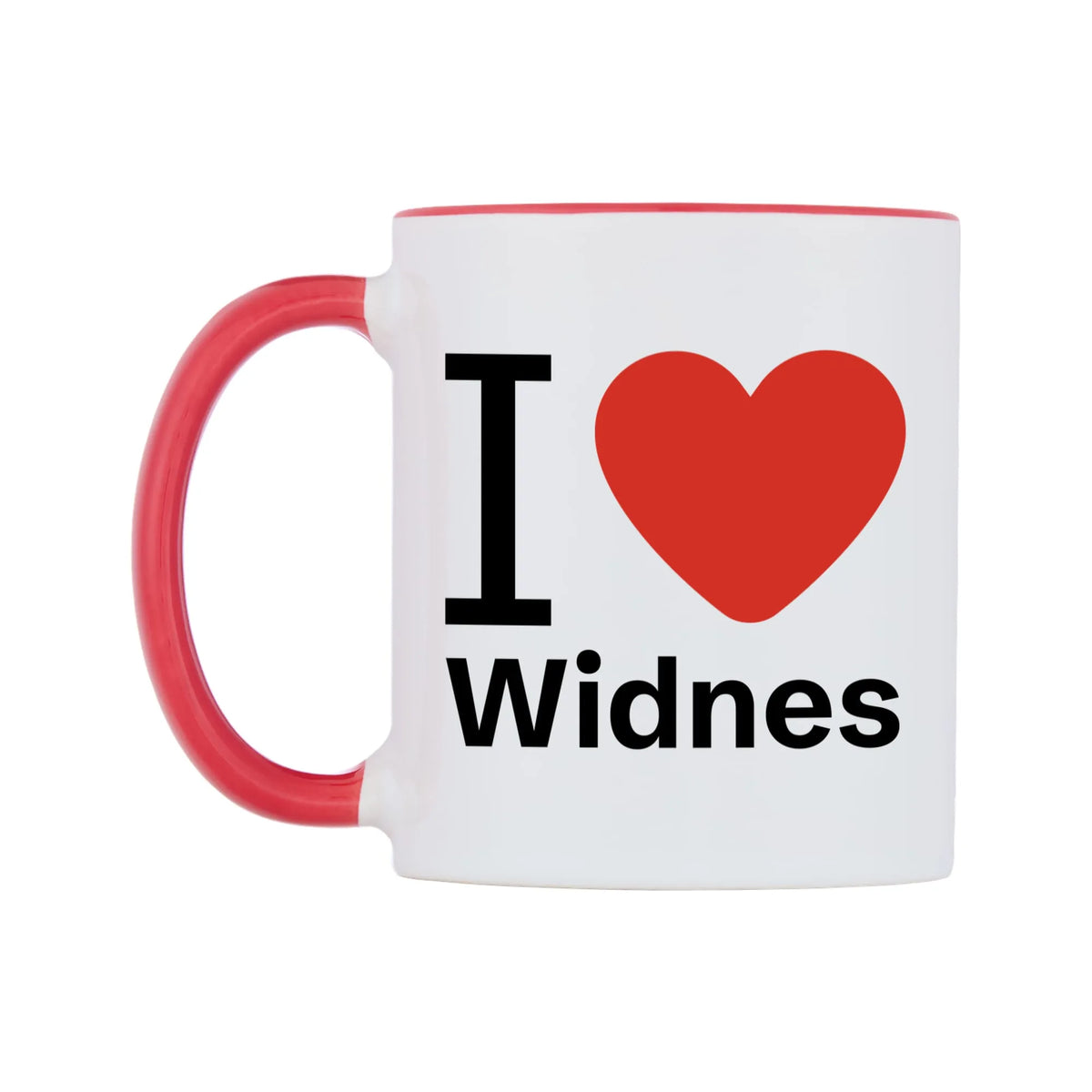 I Love Widnes Mug — white 11oz gloss mug with a red inside and handle, right side, on a white background