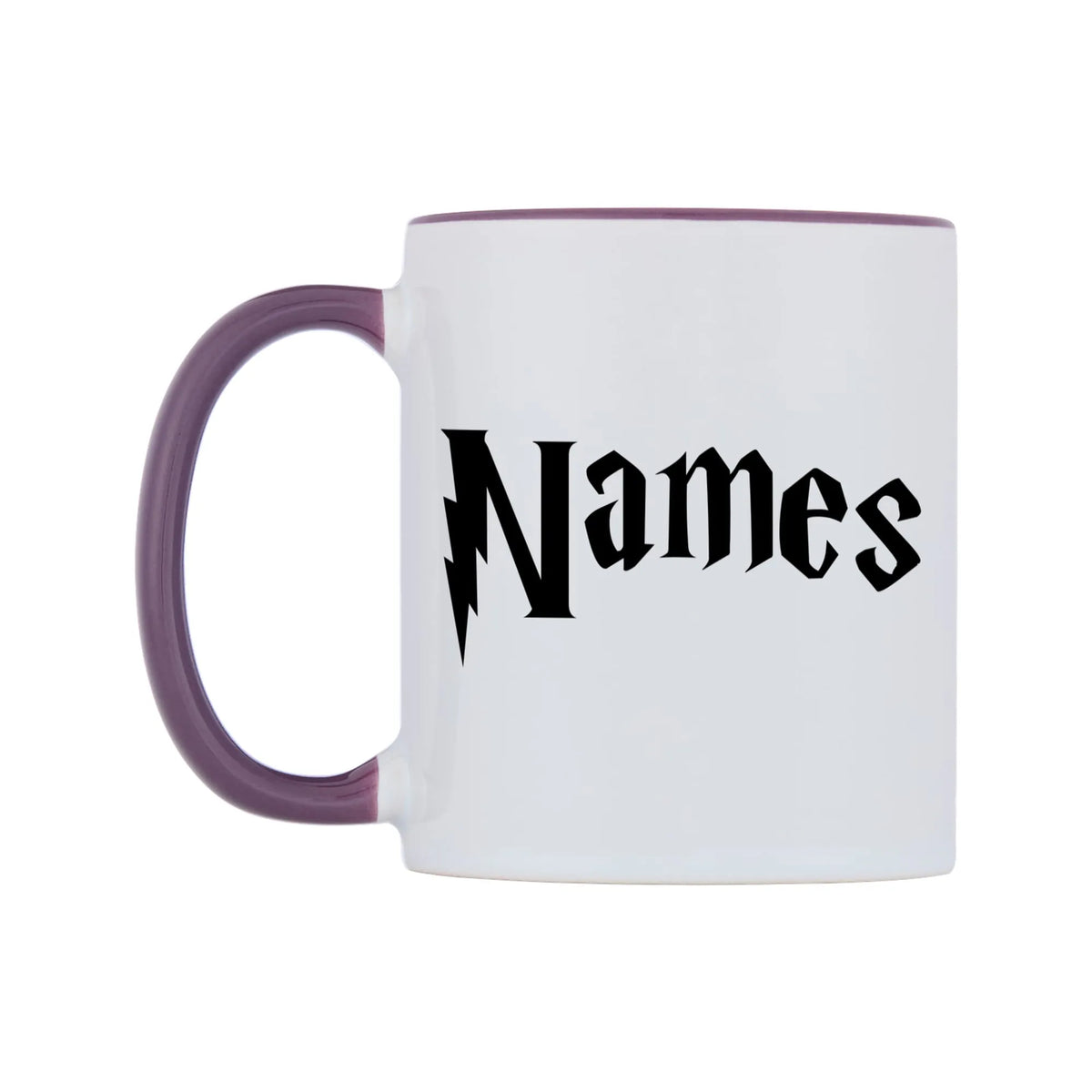 Personlised Wizard Themed Font Name Mug — white 11oz gloss mug with a purple inside and handle, right side, on a white background