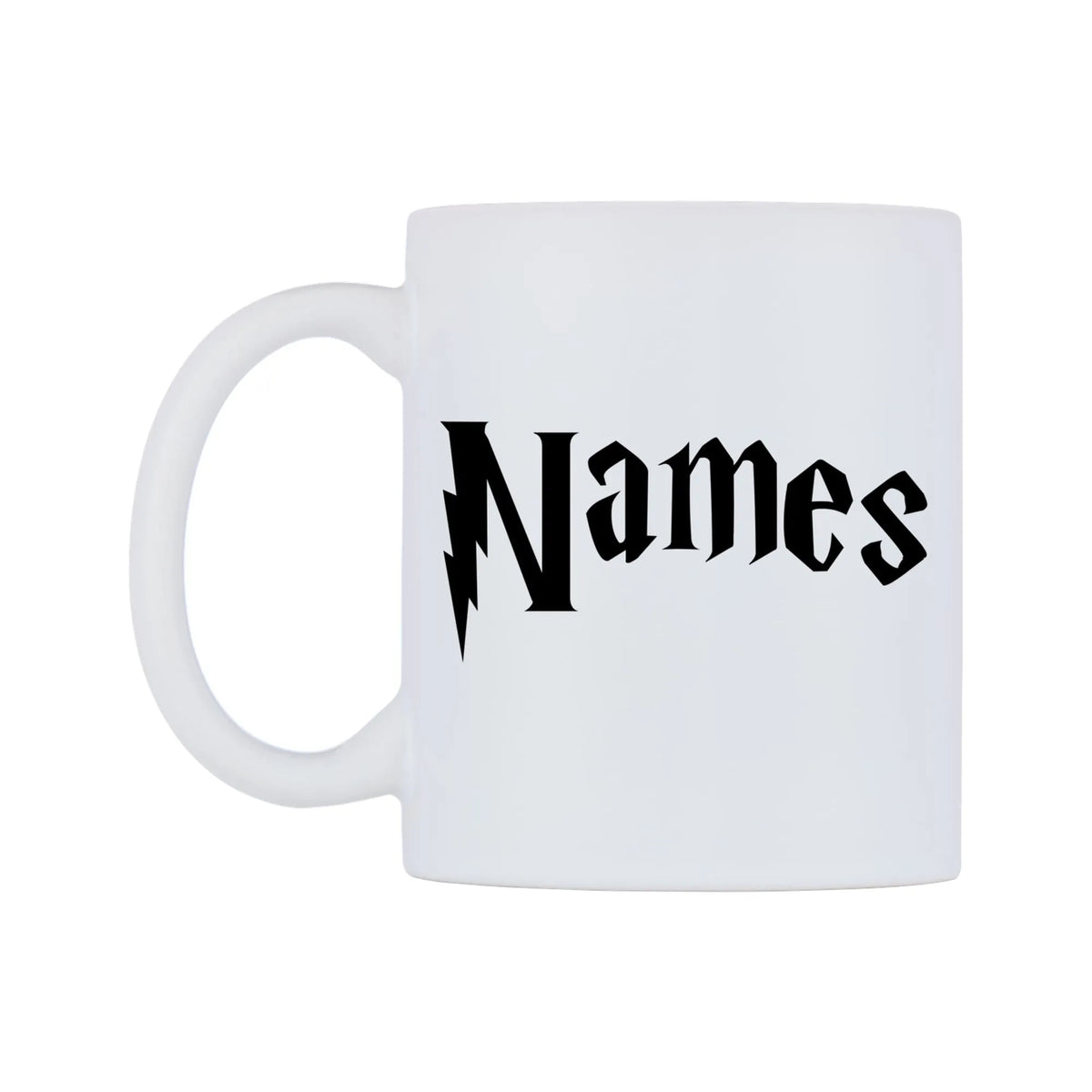 Personlised Wizard Themed Font Name Mug — white 11oz gloss mug, right side, on a white background