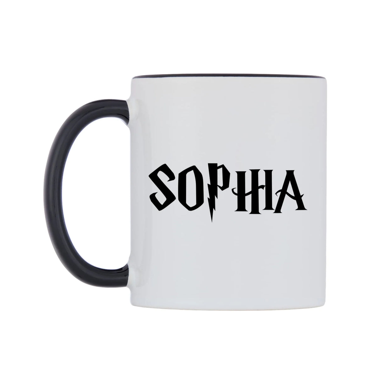 Sophia - Wizard Themed Mug — white 11oz gloss mug with a black inside and handle, right side, on a white background