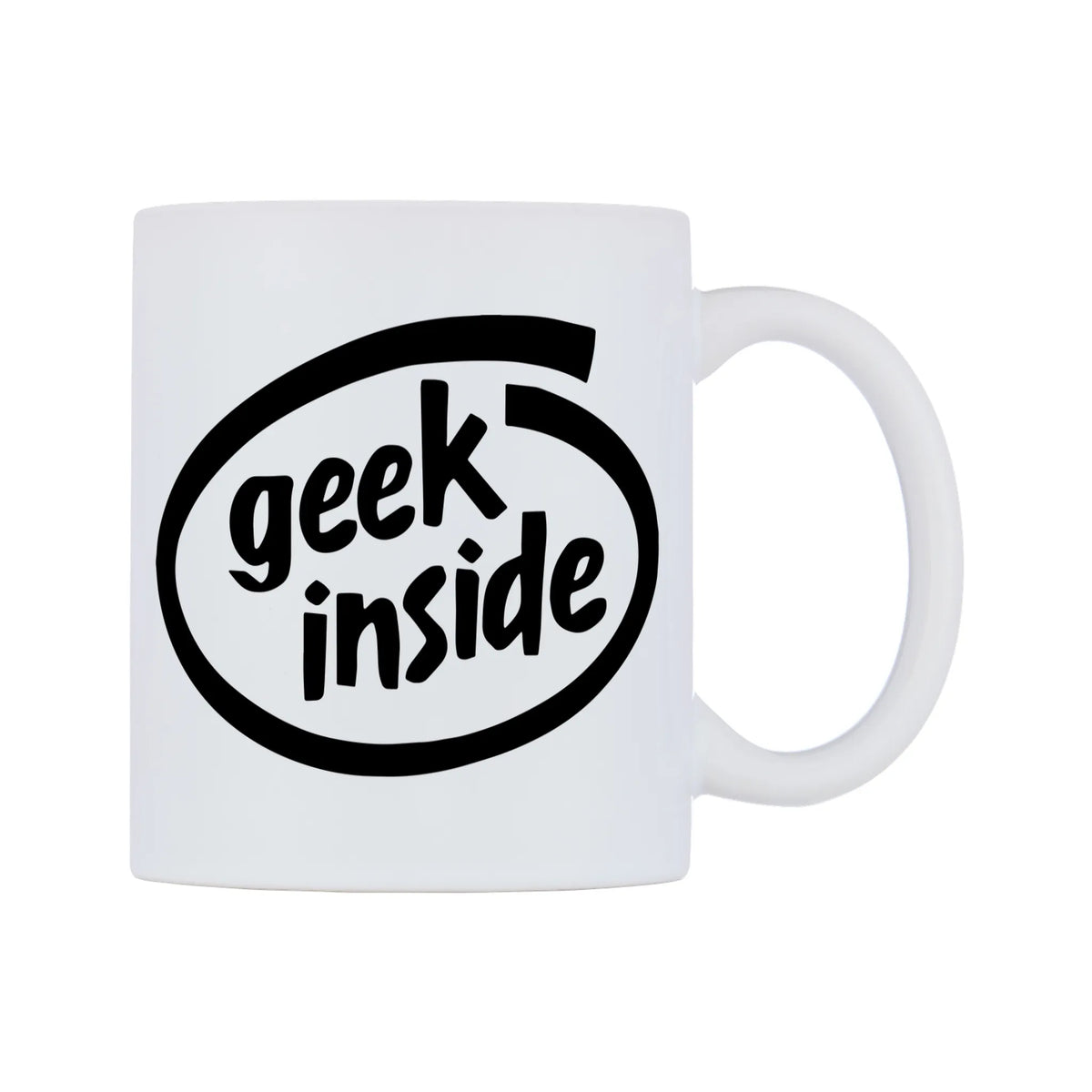 Geek Inside Mug — white 11oz gloss mug, left side, on a white background