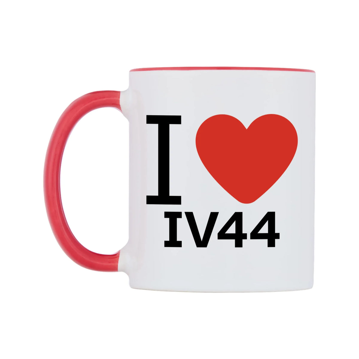 I Love IV44 Mug — white 11oz gloss mug with a red inside and handle, right side, on a white background