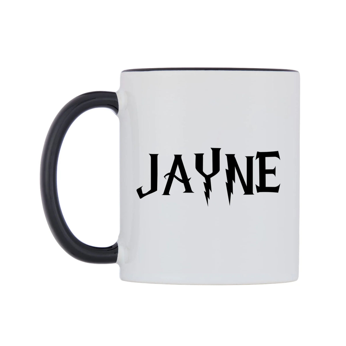 Jayne - Wizard Themed Mug — white 11oz gloss mug with a black inside and handle, right side, on a white background