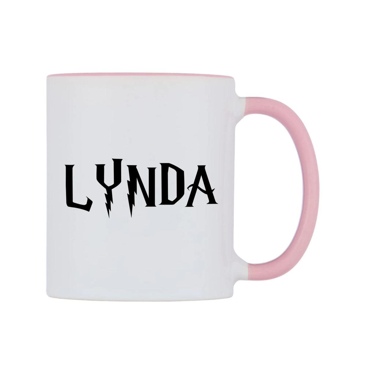 Lynda - Wizard Themed Mug — white 11oz gloss mug with a pink inside and handle, left side, on a white background