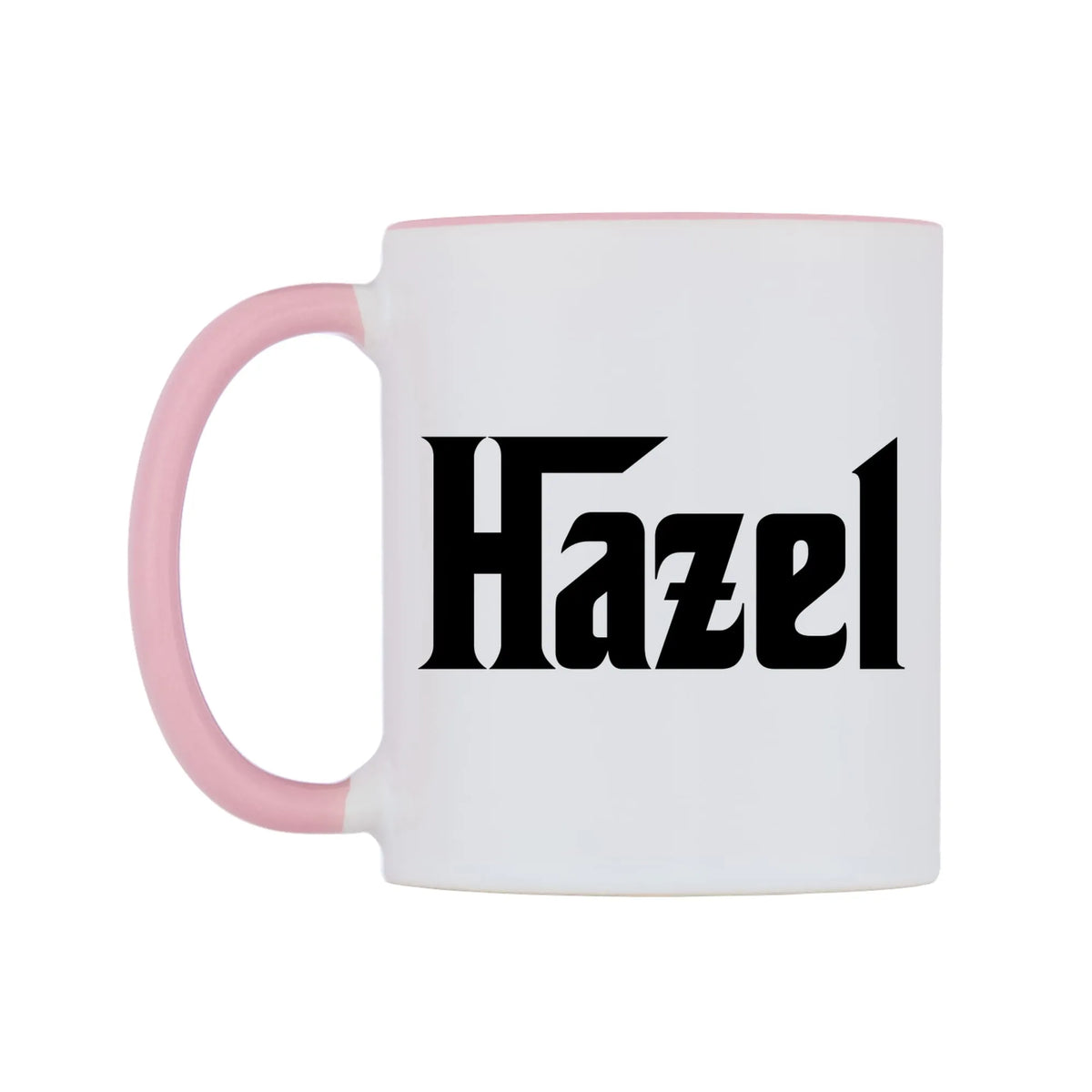Hazel - Godfather Themed Mug — white 11oz gloss mug with a pink inside and handle, right side, on a white background