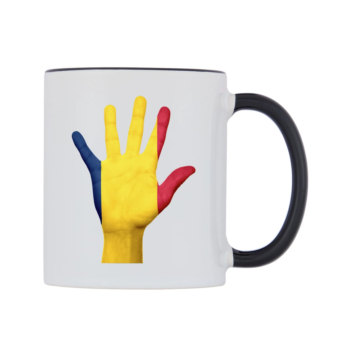 Chad Hand Flag Mug — white 11oz gloss mug with a black inside and handle, left side, on a white background
