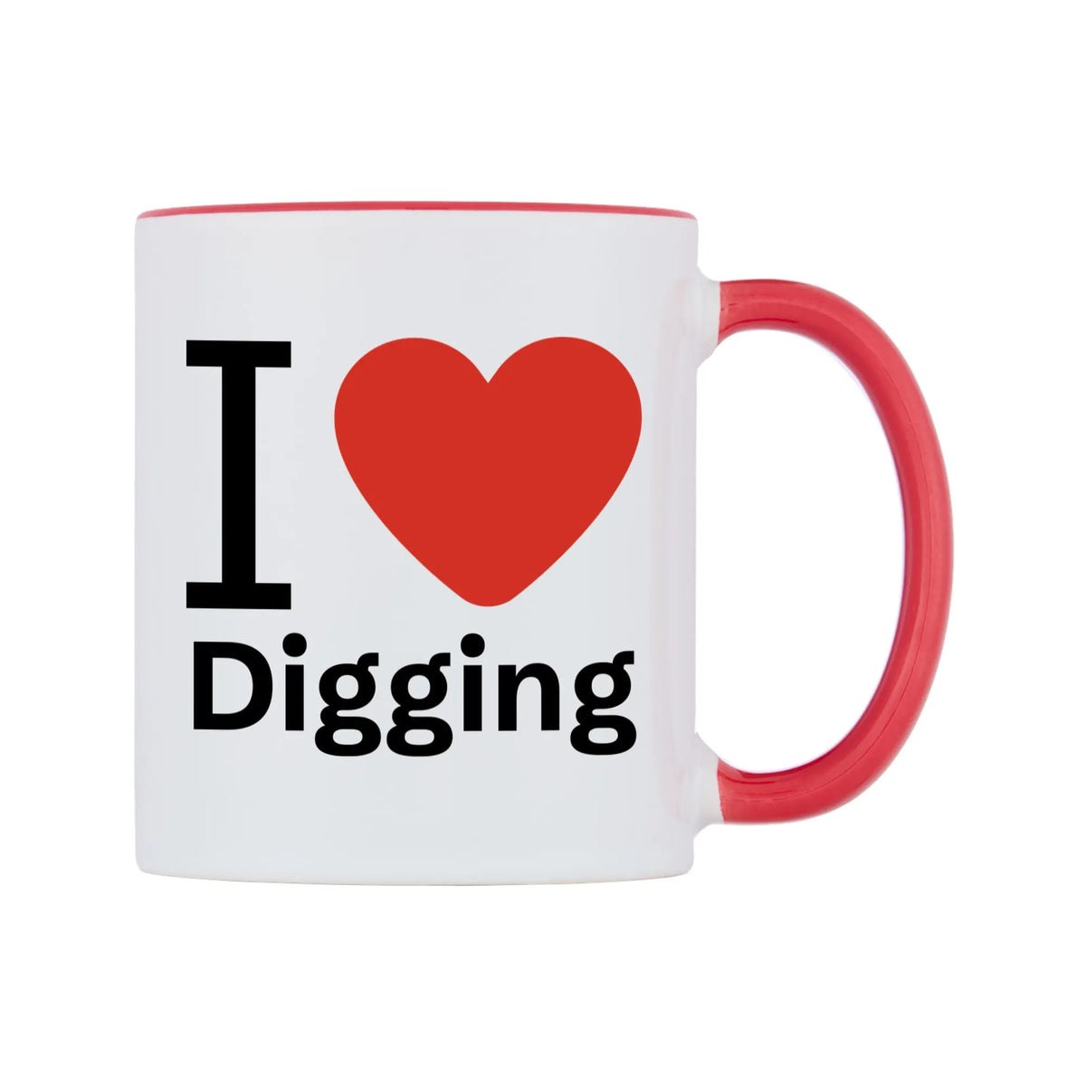 I Love Digging Mug — white 11oz gloss mug with a red inside and handle, left side, on a white background