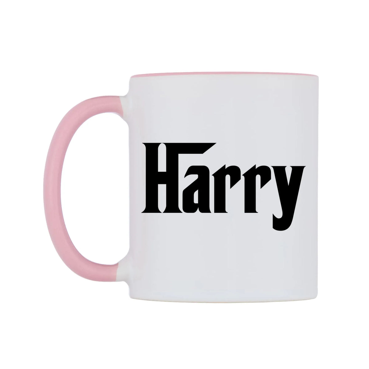 Harry - Godfather Themed Mug — white 11oz gloss mug with a pink inside and handle, right side, on a white background