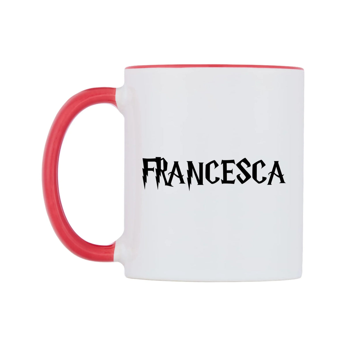 Francesca - Wizard Themed Mug — white 11oz gloss mug with a red inside and handle, right side, on a white background