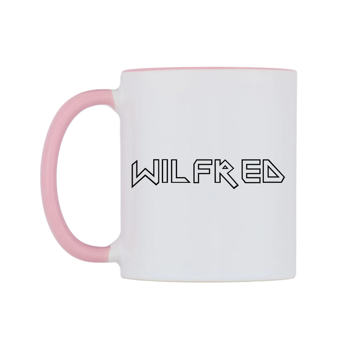 Wilfred - Iron Maiden Themed Mug — white 11oz gloss mug with a pink inside and handle, right side, on a white background