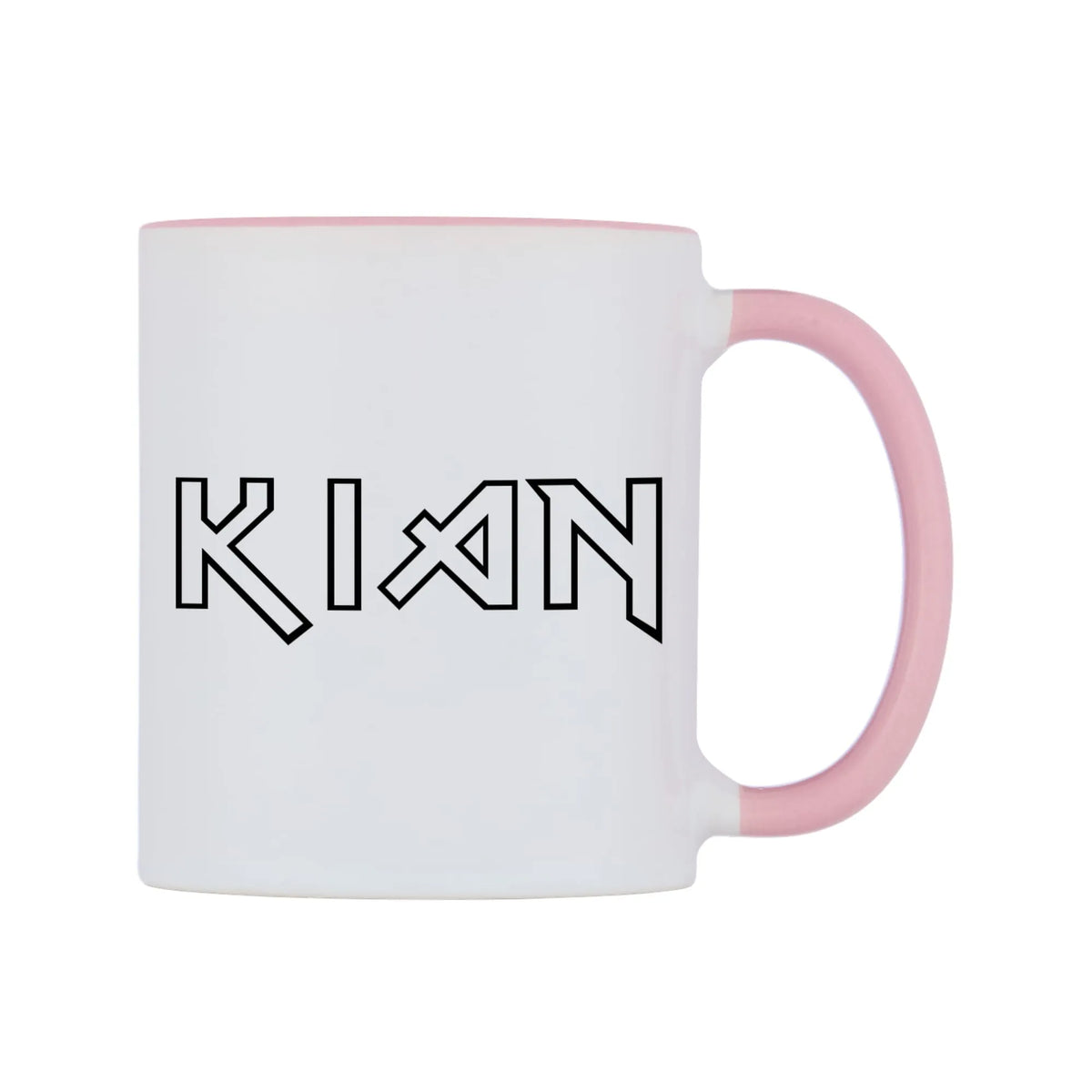 Kian - Iron Maiden Themed Mug — white 11oz gloss mug with a pink inside and handle, left side, on a white background