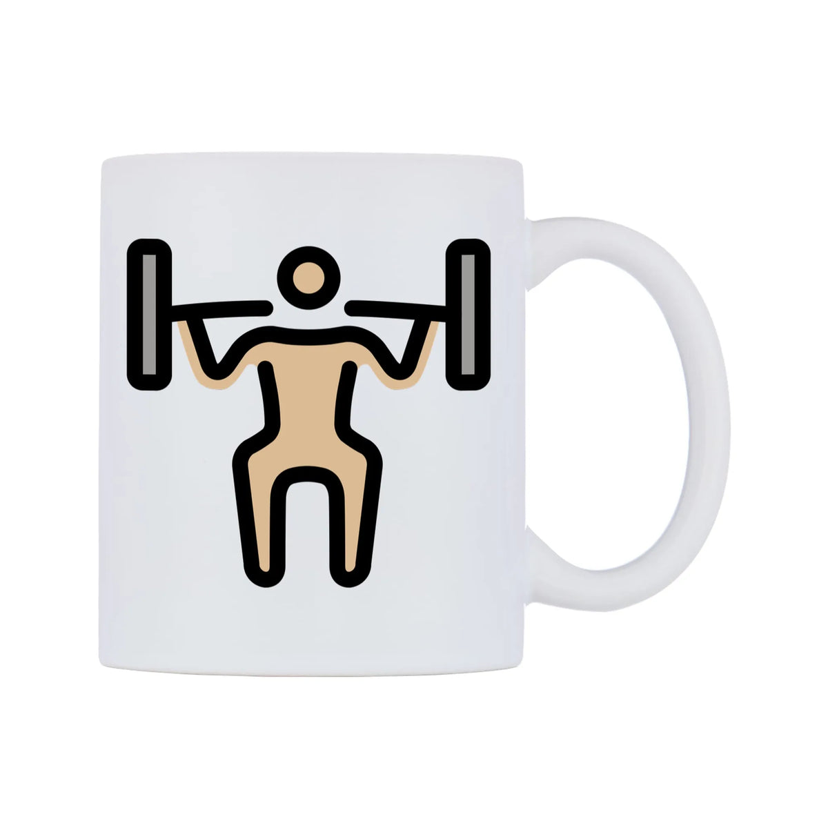 Male Lifting Weights: Medium-Light Skin Tone Emoji Mug — mug, left side, on a white background