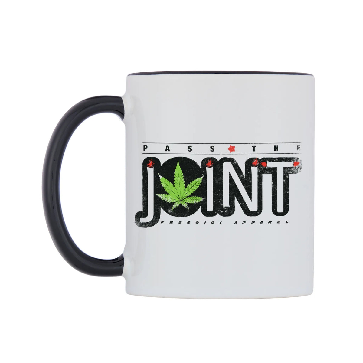 Pass The Joint Mug — white 11oz gloss mug with a black inside and handle, right side, on a white background