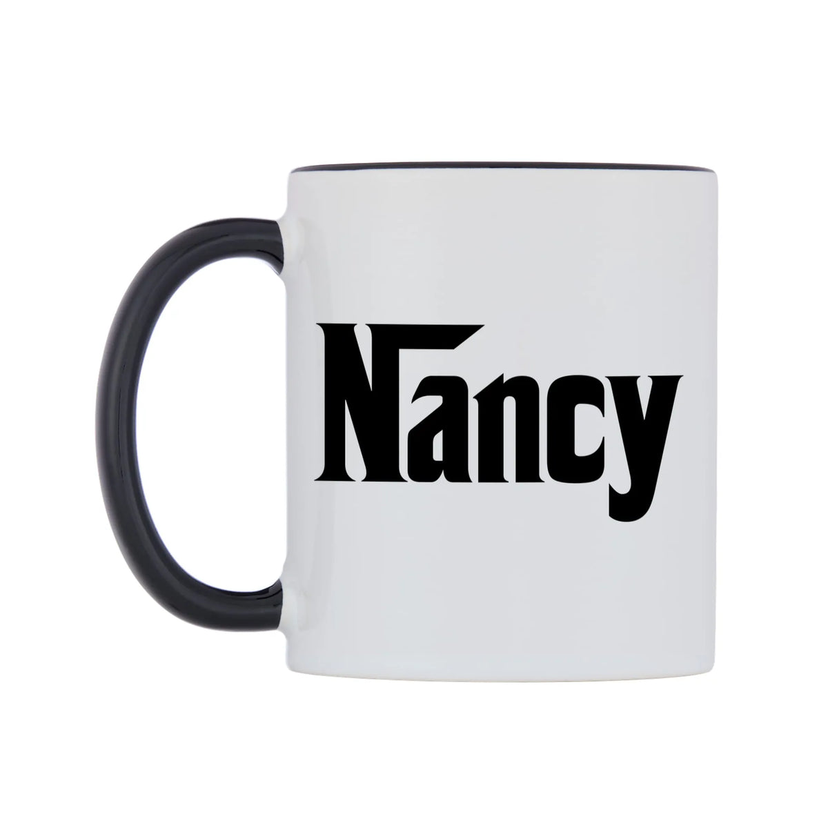 Nancy - Godfather Themed Mug — white 11oz gloss mug with a black inside and handle, right side, on a white background