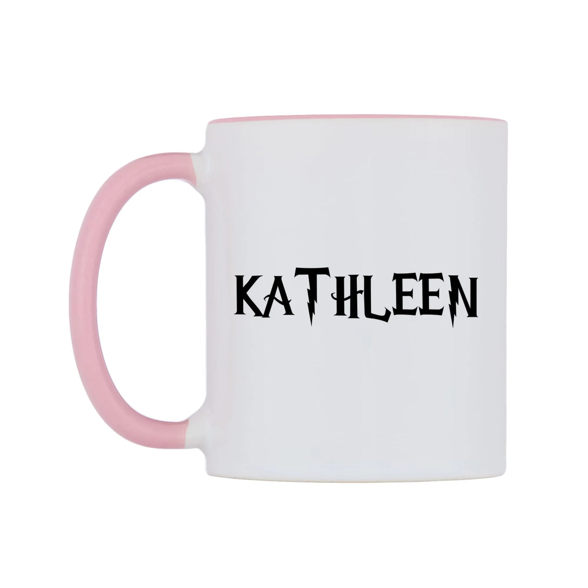Kathleen - Wizard Themed Mug — white 11oz gloss mug with a pink inside and handle, right side, on a white background