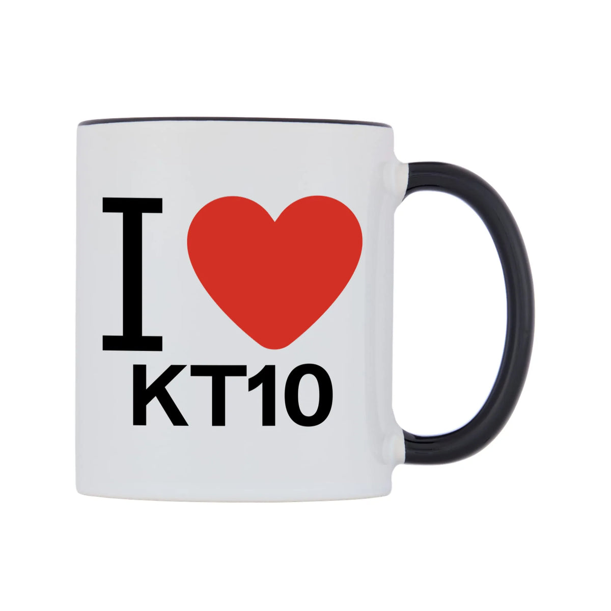 I Love KT10 Mug — white 11oz gloss mug with a black inside and handle, left side, on a white background