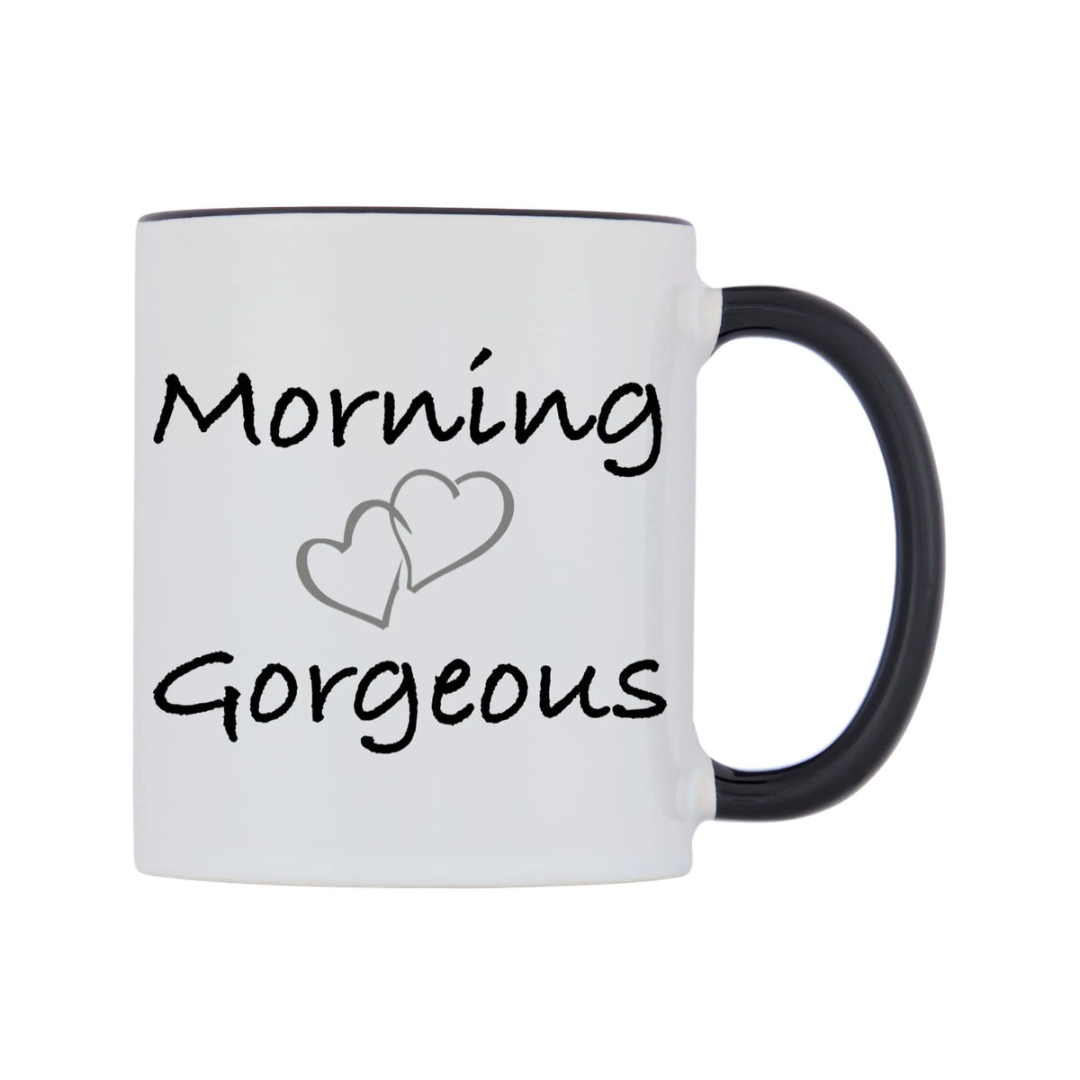 Morning Gorgeous Mug — white 11oz gloss mug with a black inside and handle, left side, on a white background