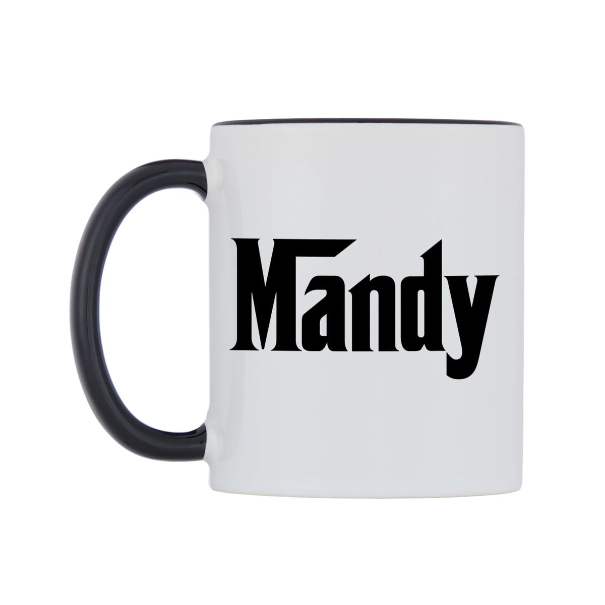 Mandy - Godfather Themed Mug — white 11oz gloss mug with a black inside and handle, right side, on a white background