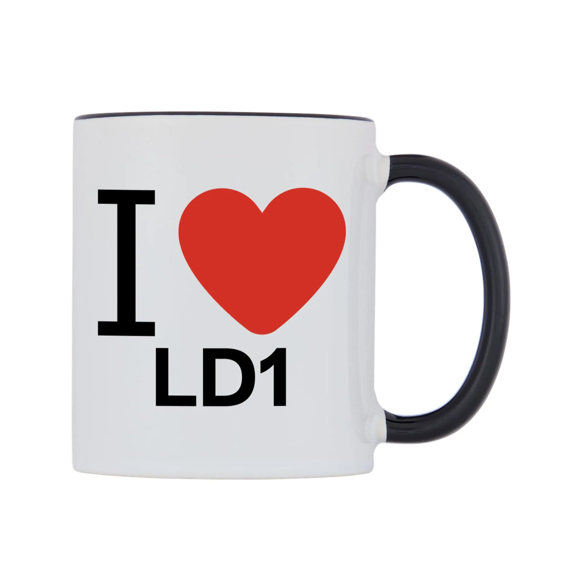 I Love LD1 Mug — white 11oz gloss mug with a black inside and handle, left side, on a white background