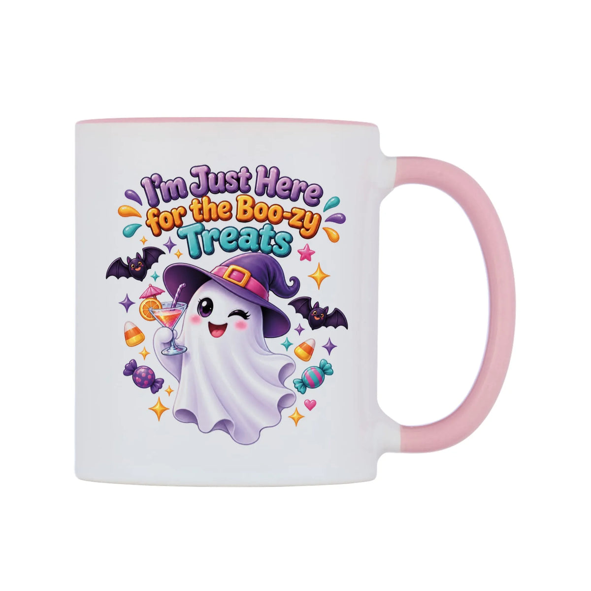 I'm Just Here for the Boo-zy Treats Mug — white 11oz gloss mug with a pink inside and handle, left side, on a white background