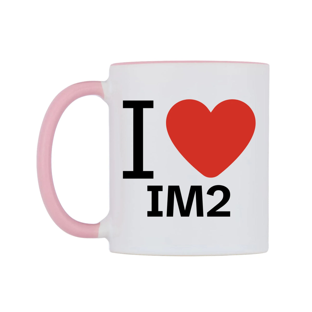 I Love IM2 Mug — white 11oz gloss mug with a pink inside and handle, right side, on a white background