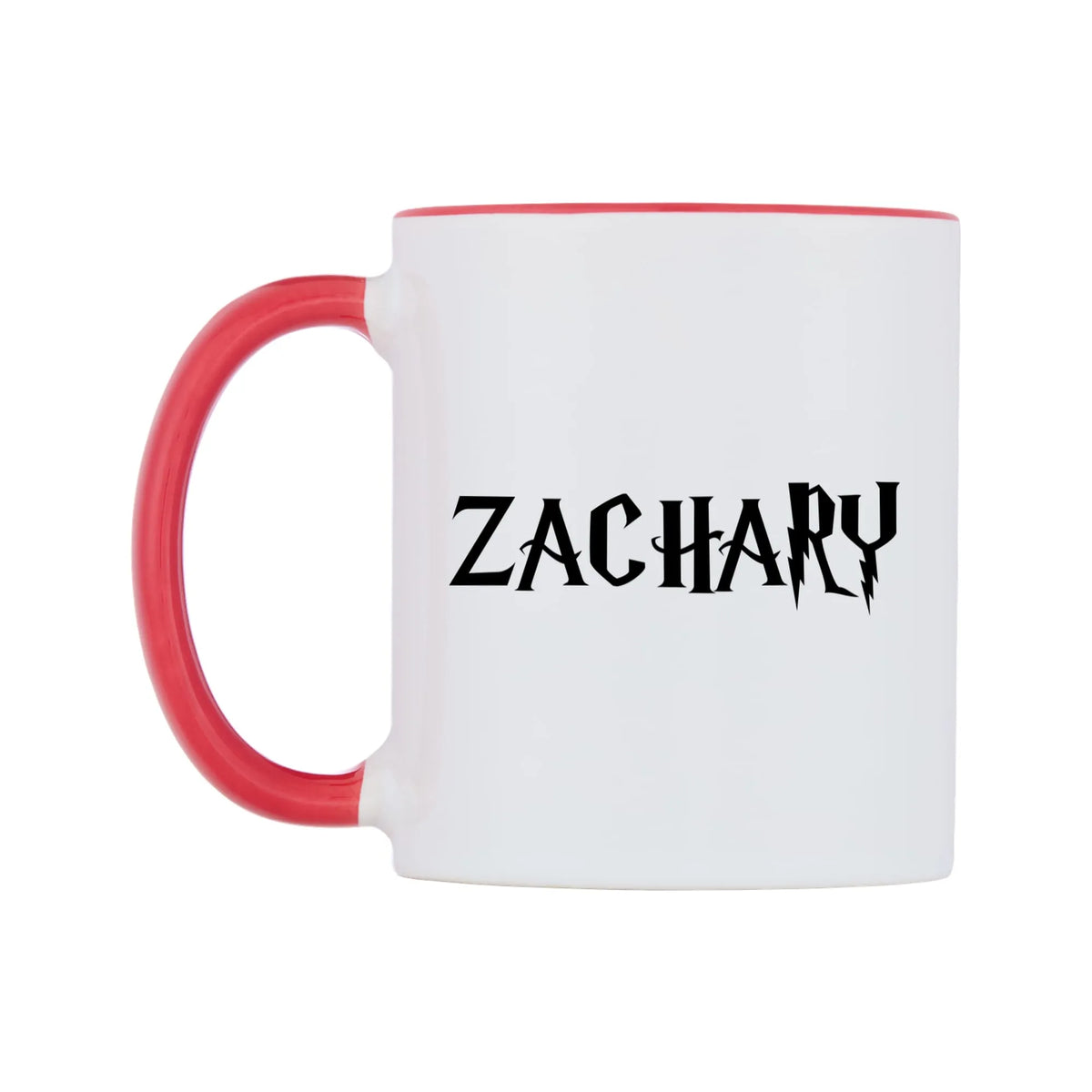 Zachary - Wizard Themed Mug — white 11oz gloss mug with a red inside and handle, right side, on a white background