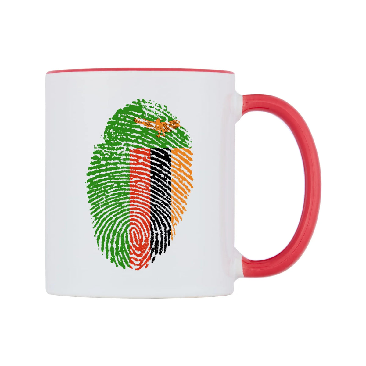Zambia Finger Print Flag Mug — white 11oz gloss mug with a red inside and handle, left side, on a white background