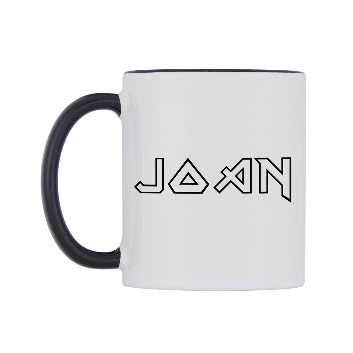 Joan - Iron Maiden Themed Mug — white 11oz gloss mug with a black inside and handle, right side, on a white background