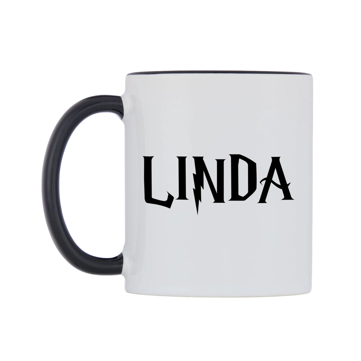Linda - Wizard Themed Mug — white 11oz gloss mug with a black inside and handle, right side, on a white background