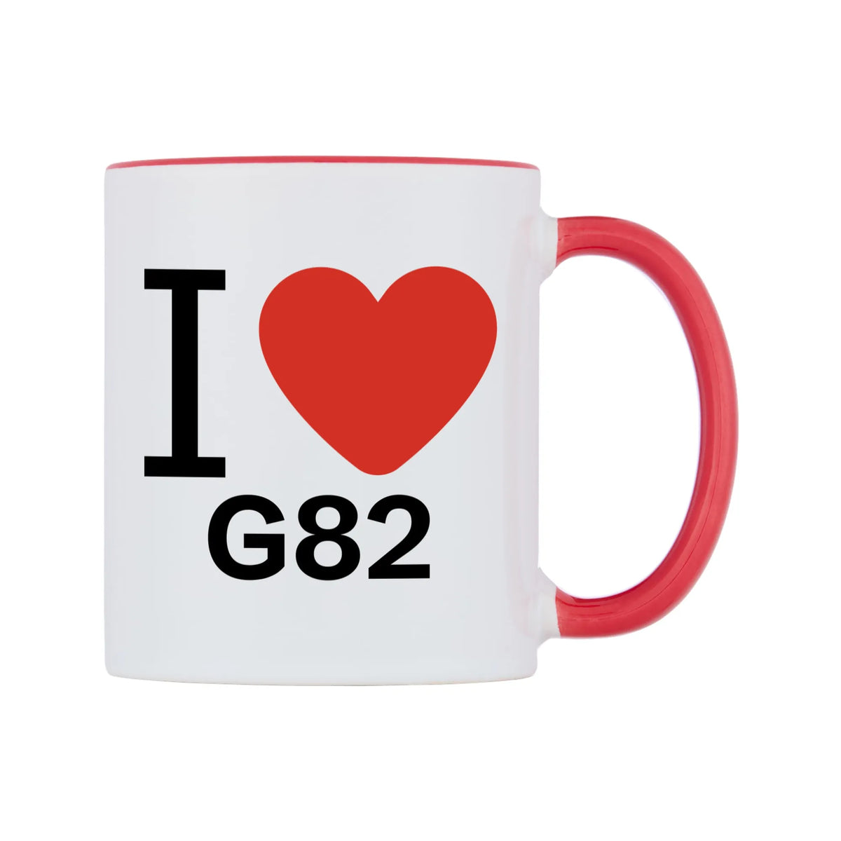 I Love G82 Mug — white 11oz gloss mug with a red inside and handle, left side, on a white background